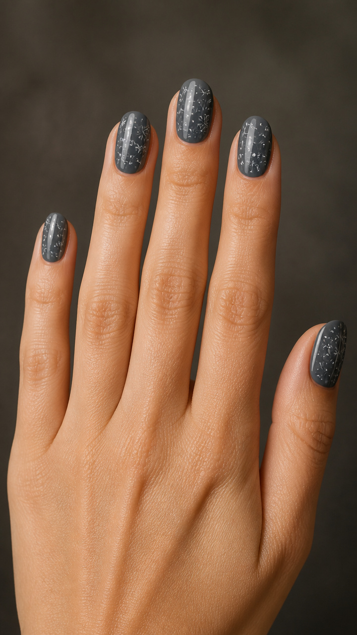 Charcoal Gray Nails with White Microdot Snowflakes