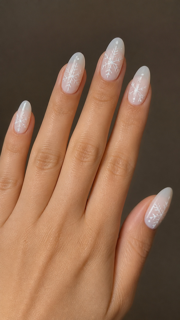 Milky White Jelly Nails with Hand-Painted Snowflakes