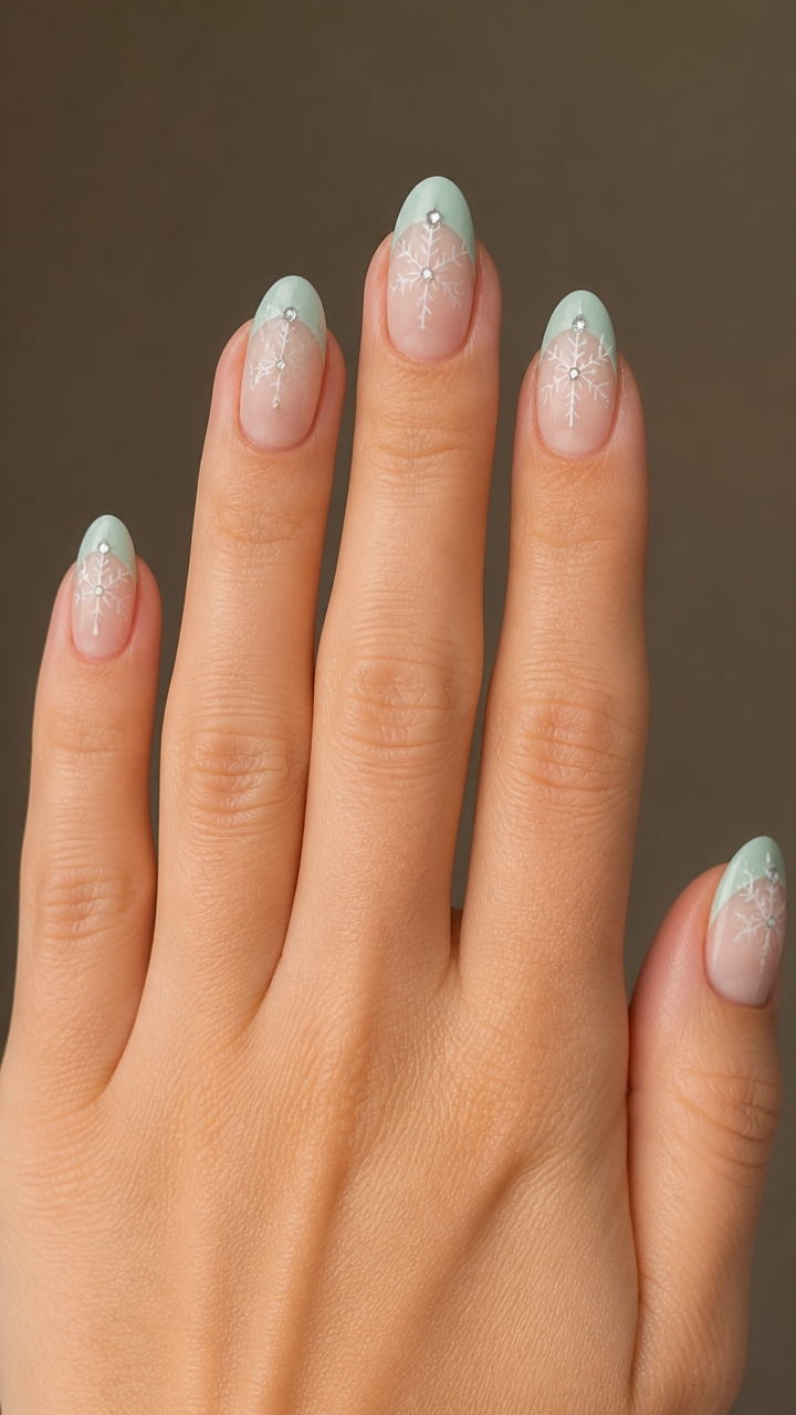 Frosted Mint Tips with Tiny Rhinestone Centers