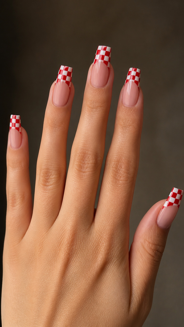 Coffin Nails with Red and White Checkerboard Tips