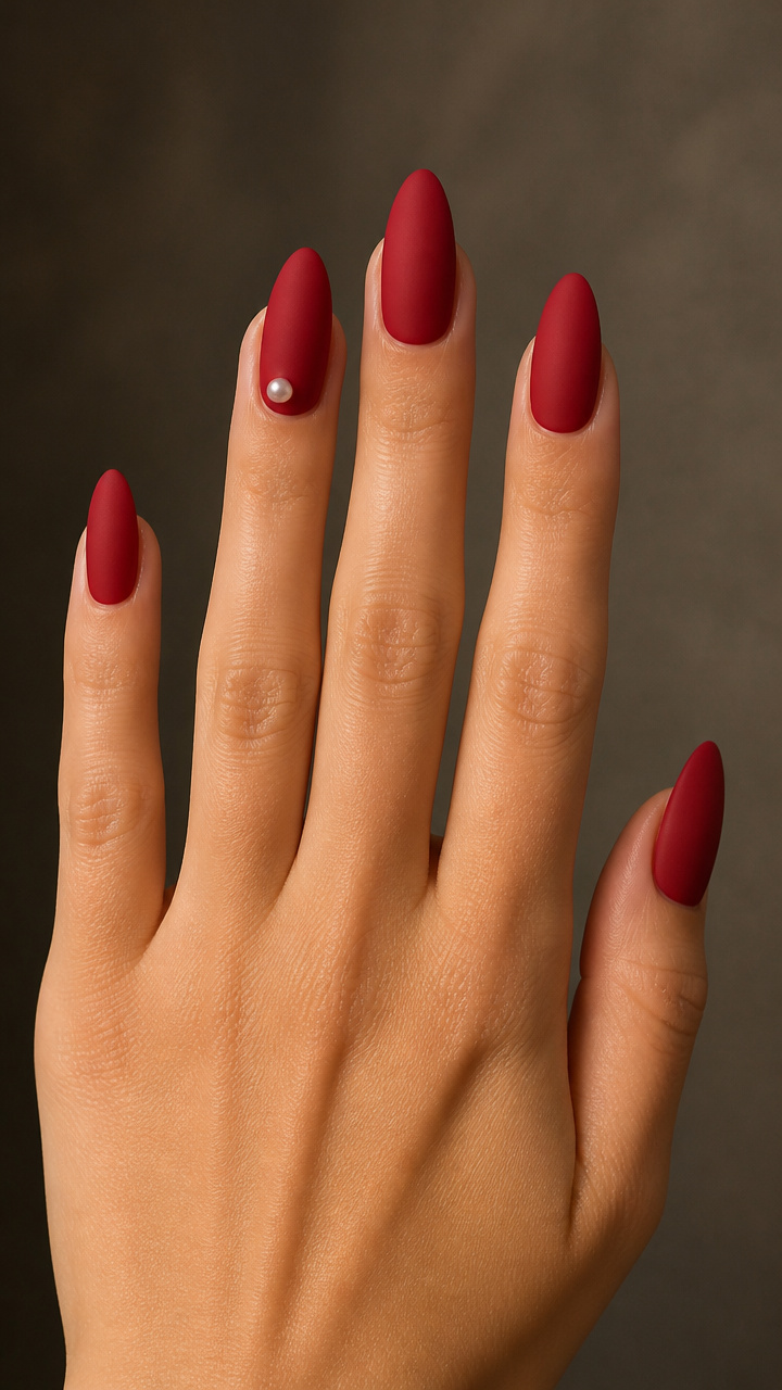 Matte Cherry Red Almond Nails with Pearl Side Detail