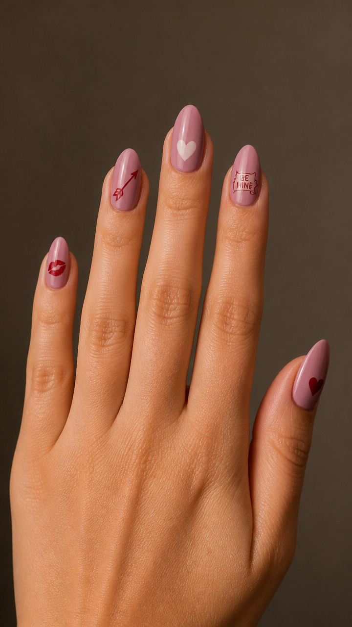 Mismatched Love-Themed Accent Nails