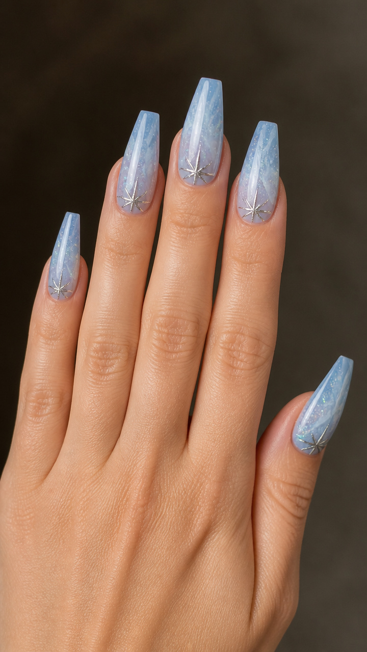 Frosted Glacier Coffin Nails with Silver Accents