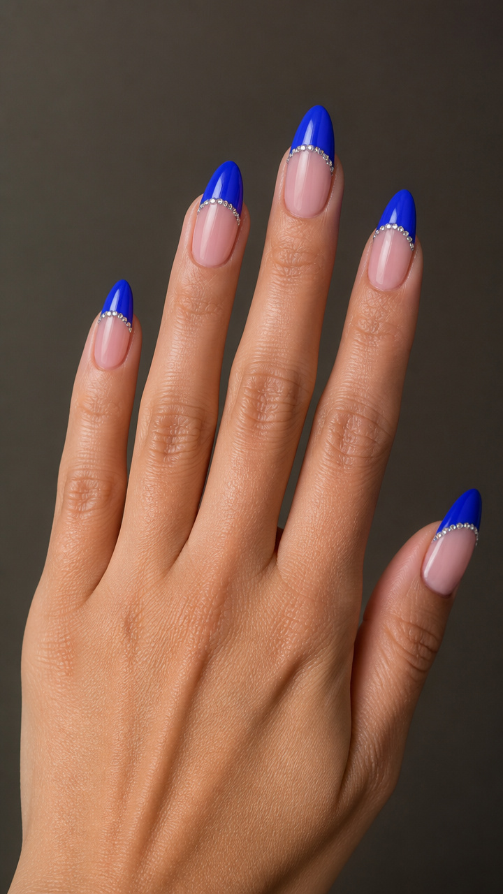 Cobalt French Tips with Rhinestone Smile Lines