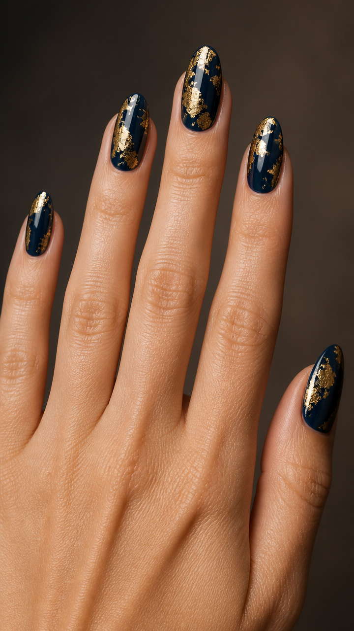 Navy and Gold Foil Accent Nails