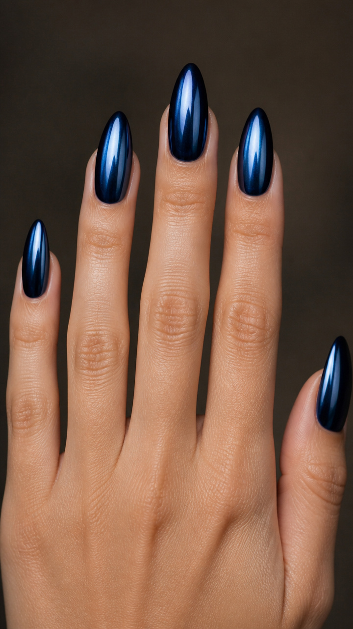 Midnight Chrome Almond Nails