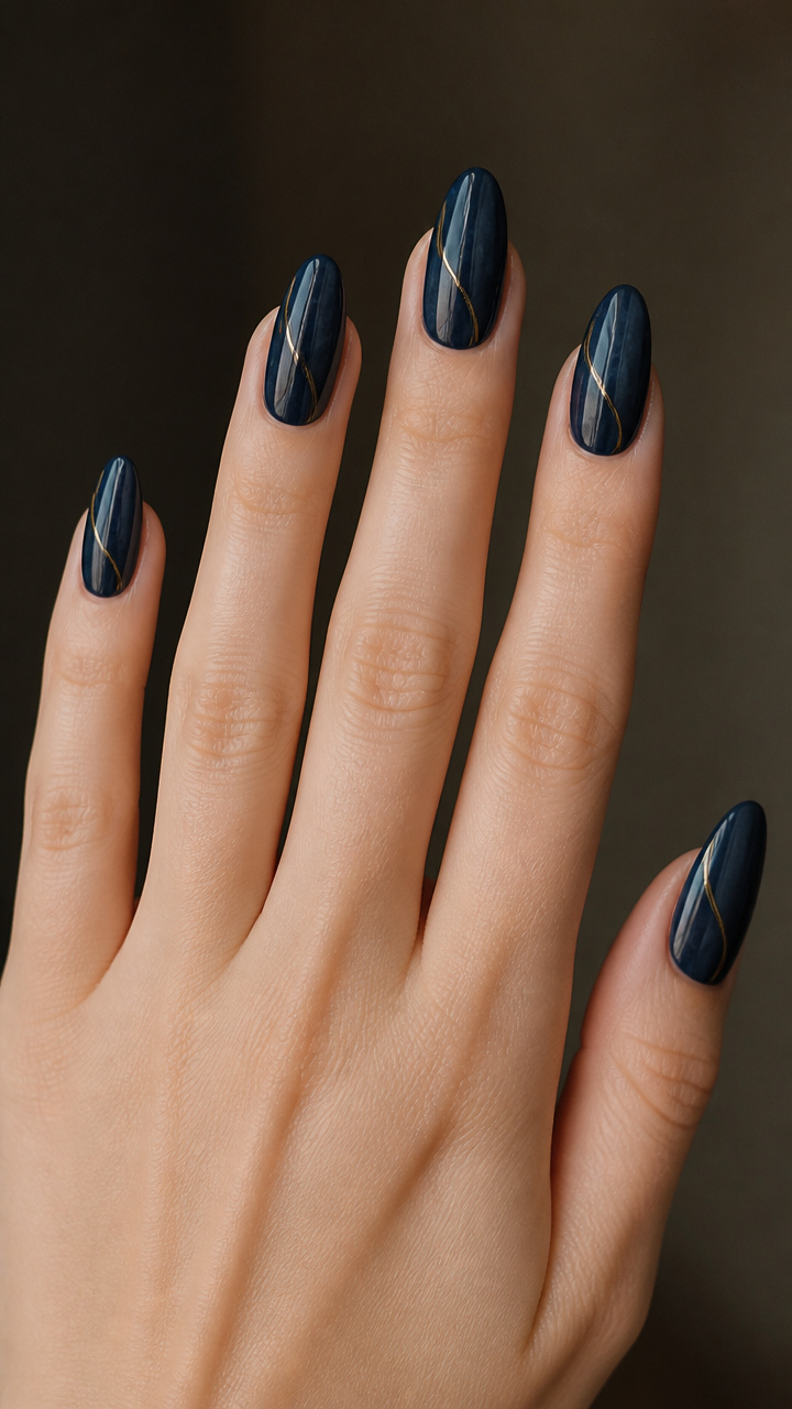 Stormy Sky Nails With Minimalist Gold Line
