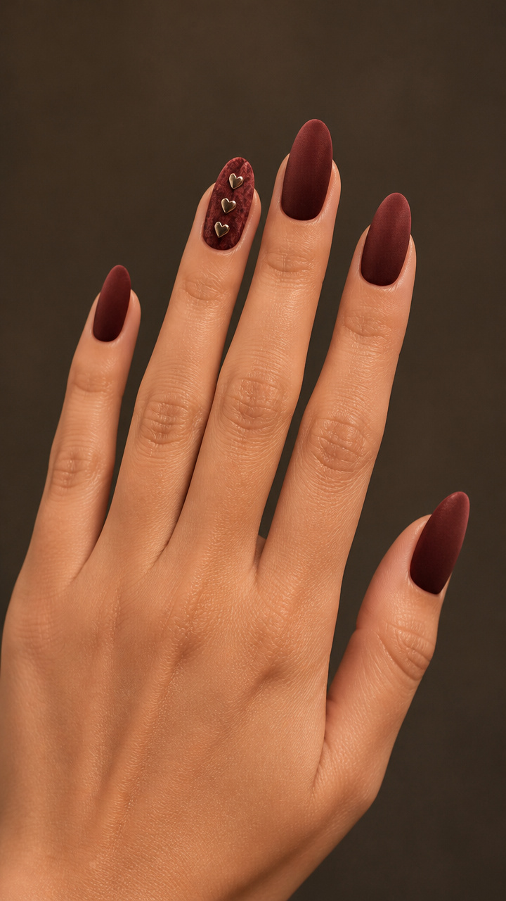 Velvet Burgundy Press-Ons with Tiny Silver Hearts