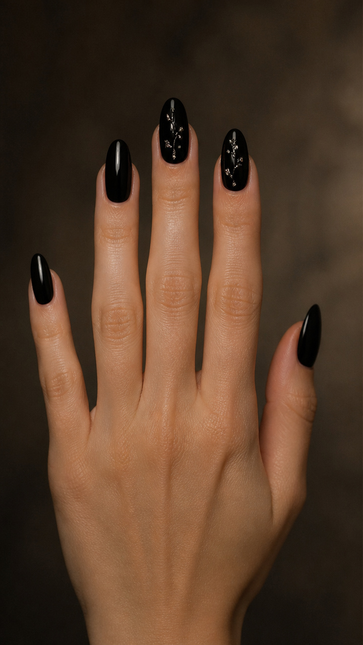 Raven Black Nails with Micro Rhinestone Vines