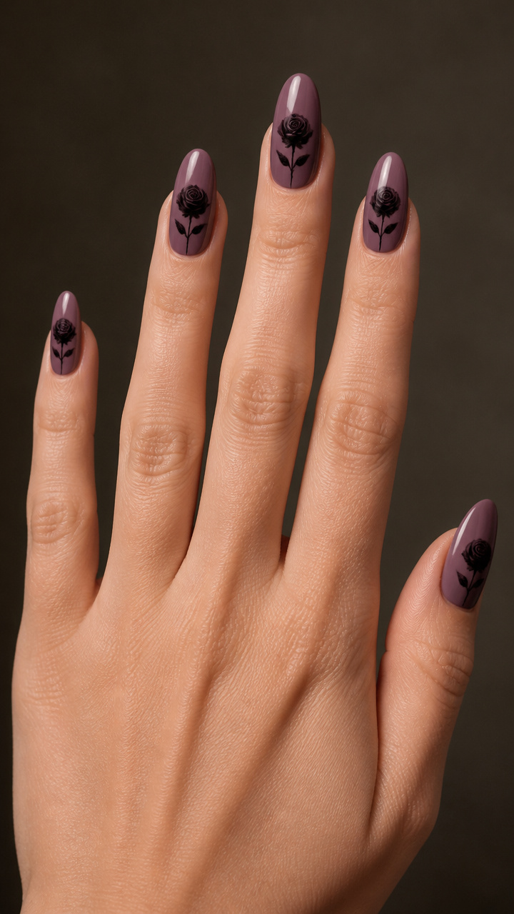 Blackened Rose Nail Art on Deep Mauve