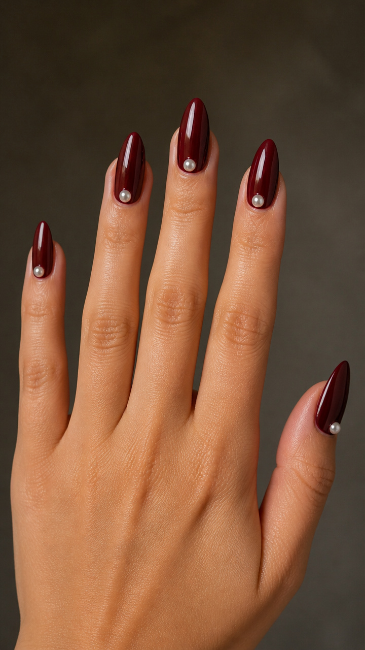Oxblood Almond Nails with Pearl Accent