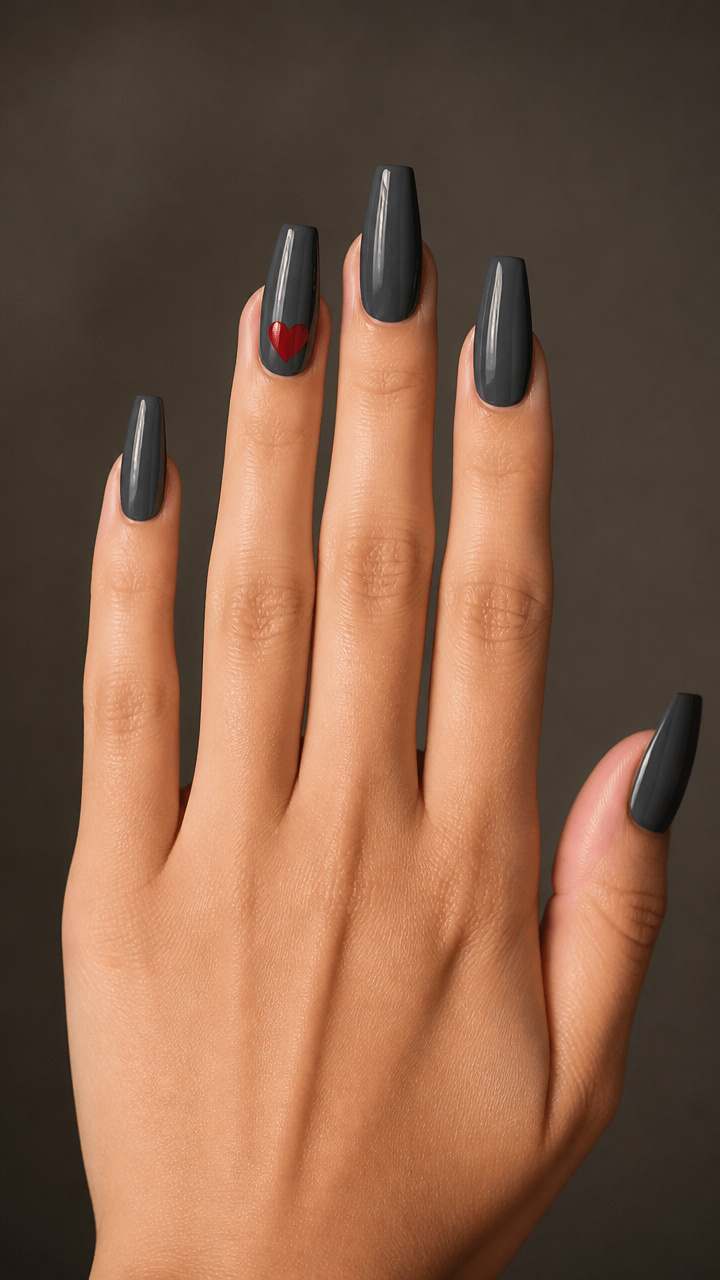 Charcoal Gray Coffin Nails with Red Heart Accent