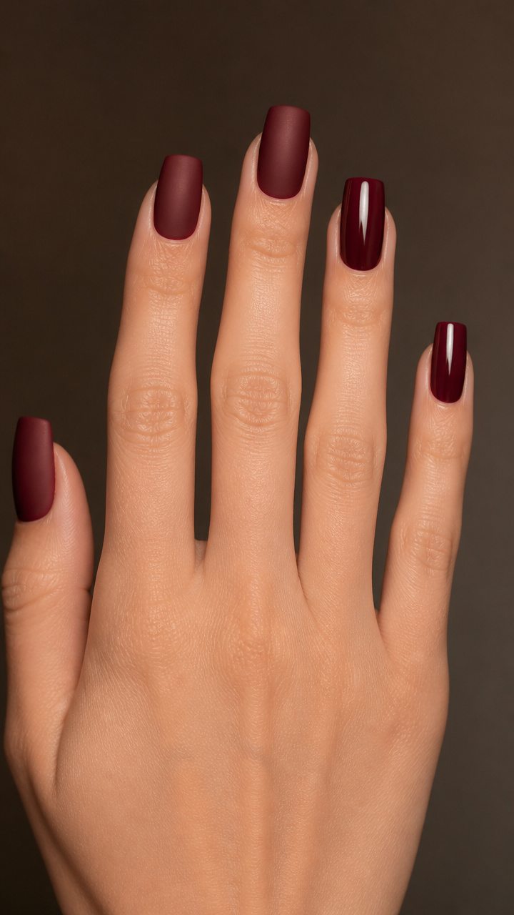 Oxblood Nails with Matte and Glossy Contrast