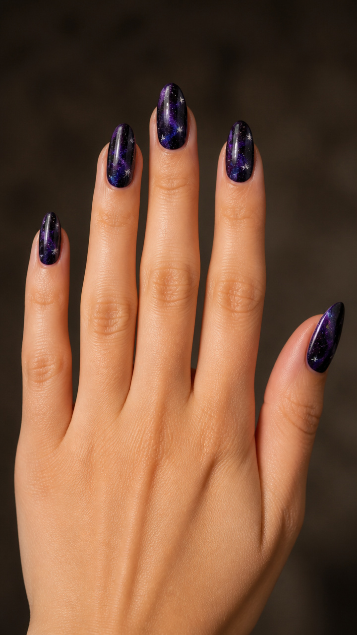 Purple Galaxy Nails with Tiny Silver Stars