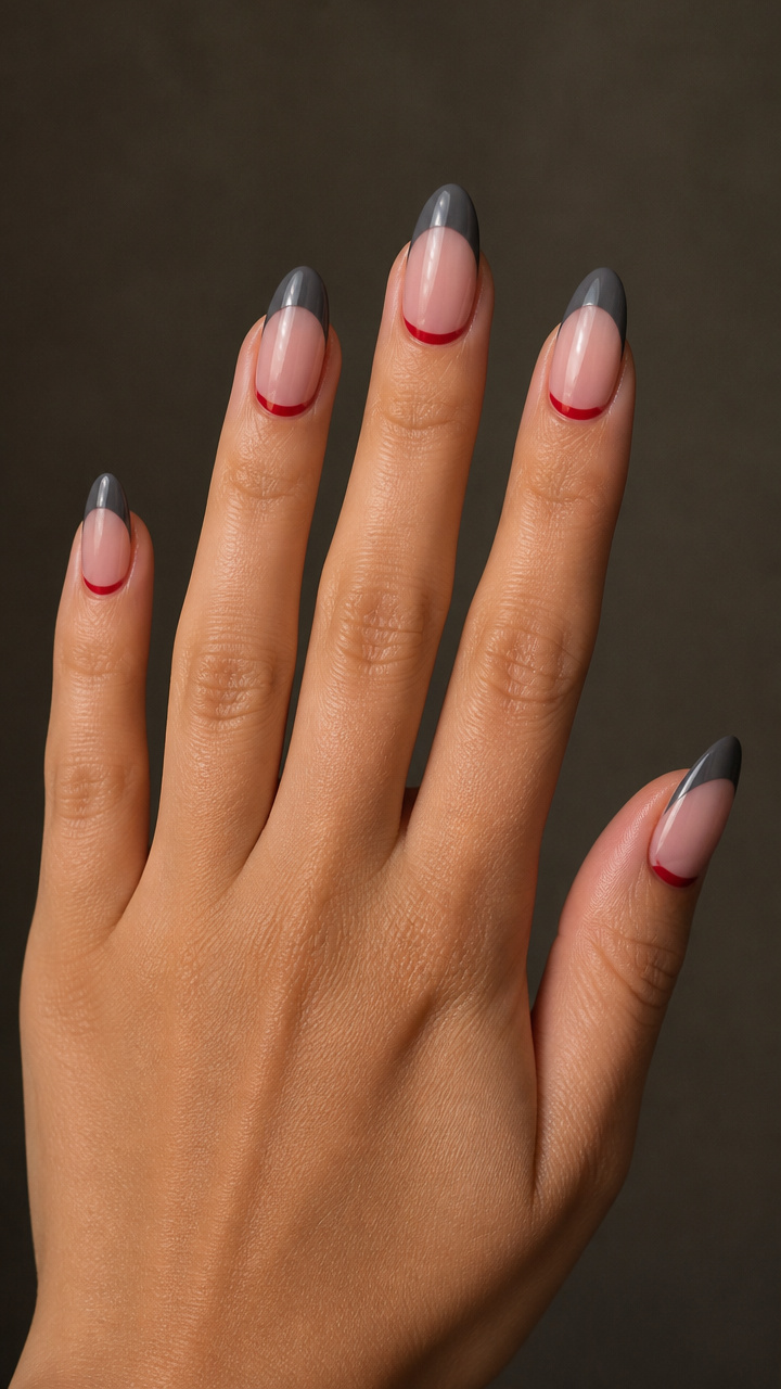 Smoky Gray French Tips with Red Inner Smile
