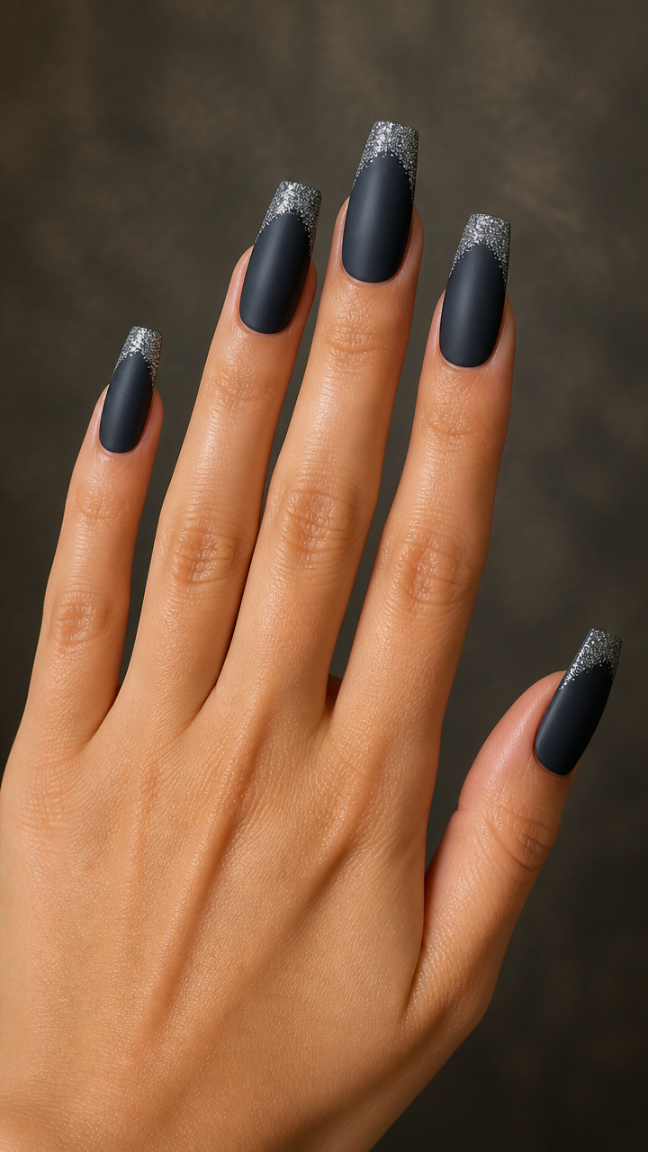 Charcoal Matte Coffin Nails with Silver Micro Glitter Tips