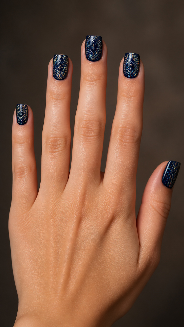 Midnight Blue Holographic Stamping on Short Squares