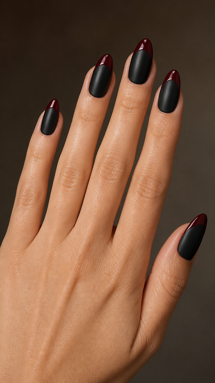 Oxblood French Tips with Matte Black Base