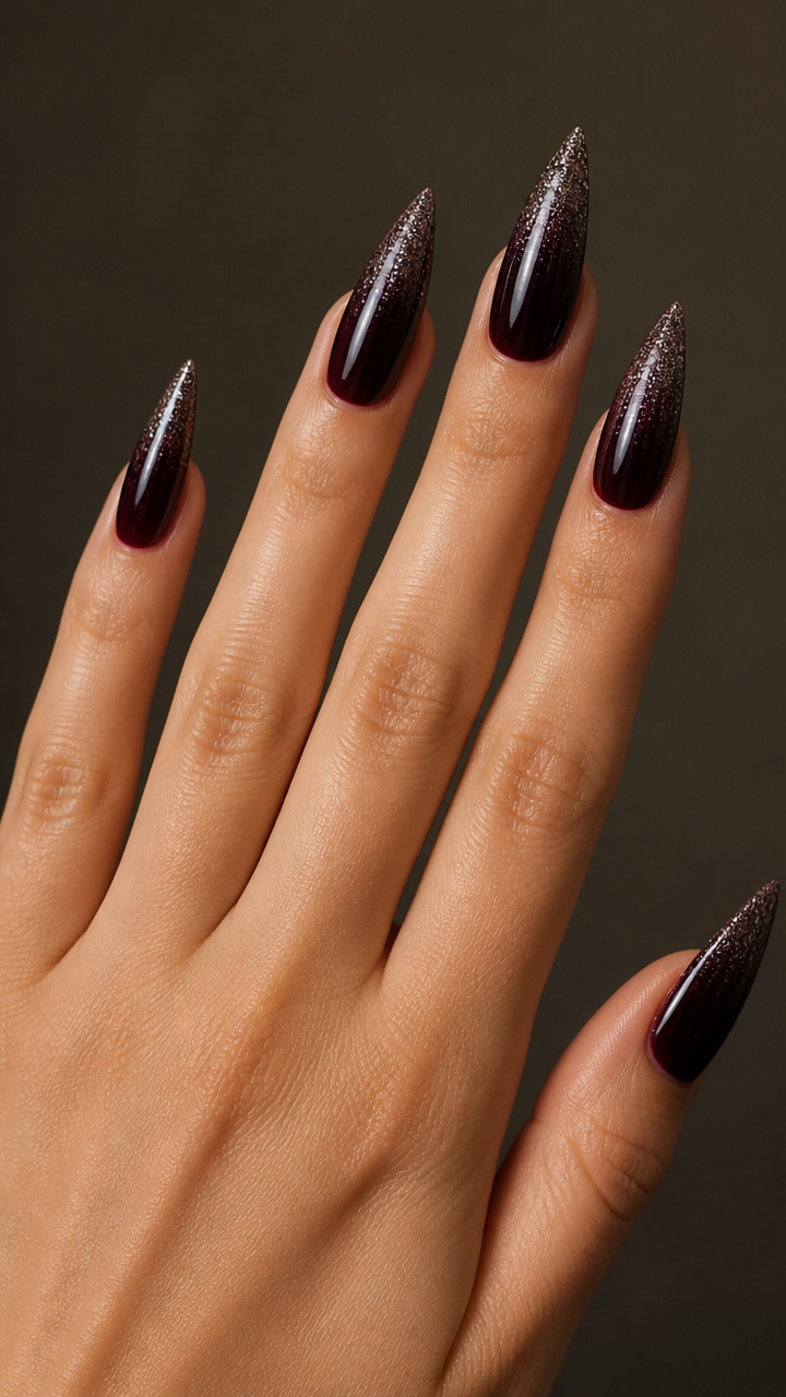Black Cherry Stiletto Bites with Silver Micro Glitter