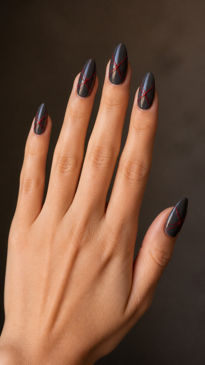 Charcoal Gray Almond Nails with Red Thread Accents