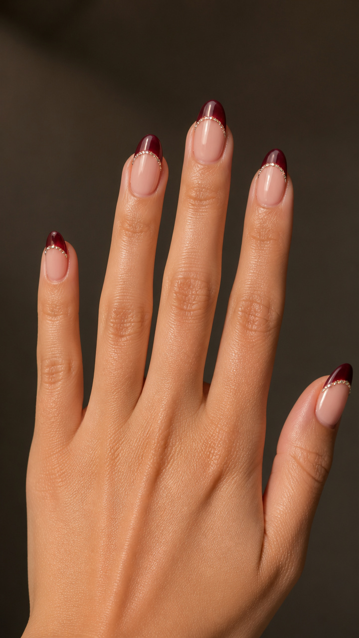 Dark Wine Tips with Floating Rhinestone Chain