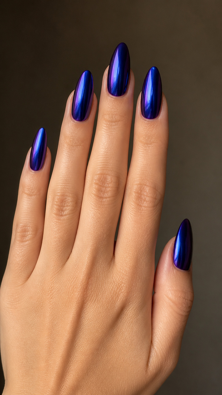 Midnight Sapphire Chrome Almond Nails