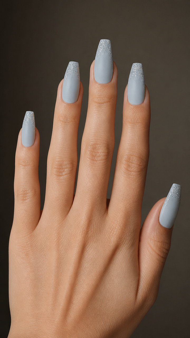 Frosted Ice Blue Matte Coffin Nails with Silver Accents
