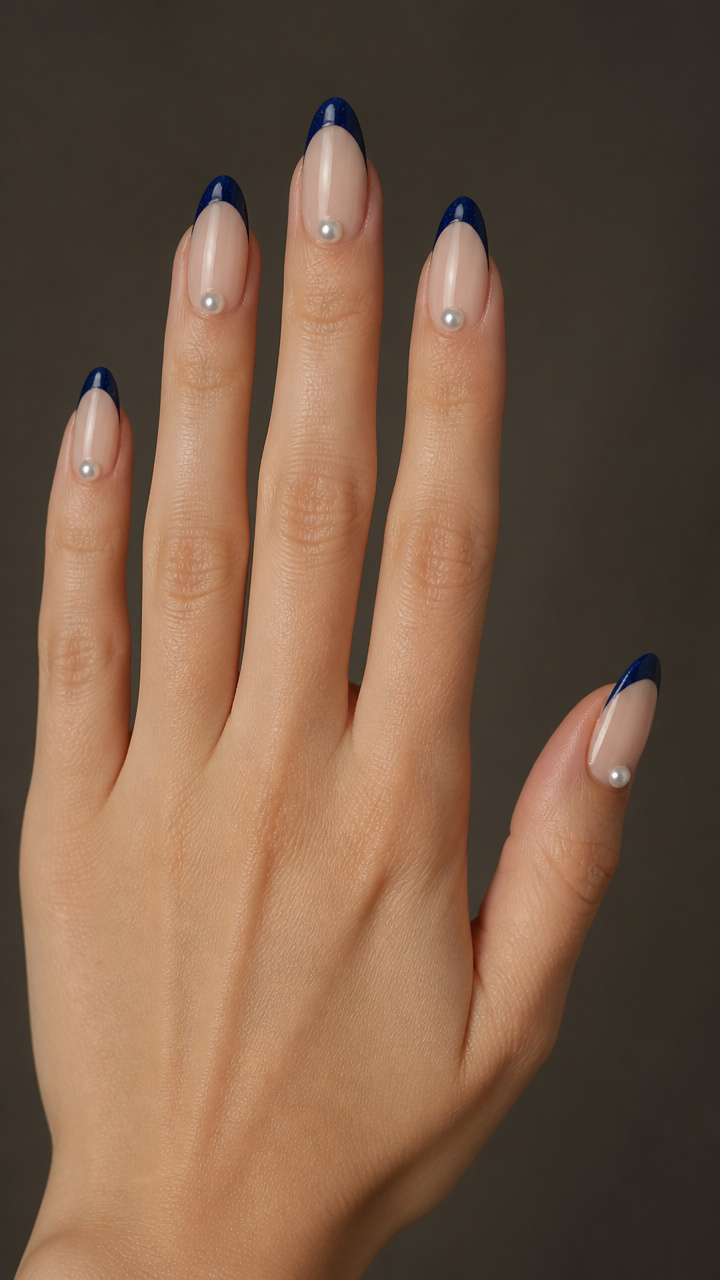 Navy Velvet Tips with Pearl Drops