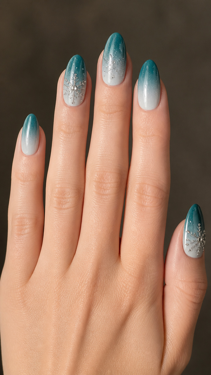 Teal Frost Gradient with Rhinestone Snowflakes