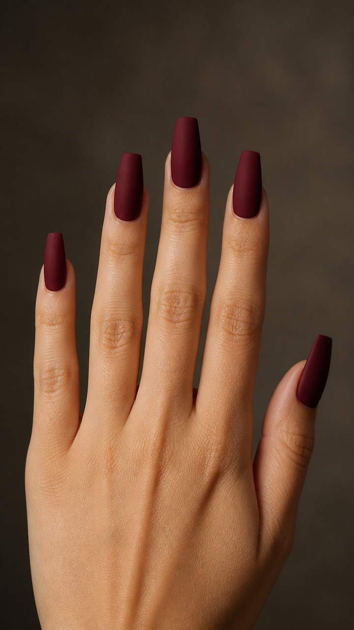 Deep Burgundy Matte Coffin Nails