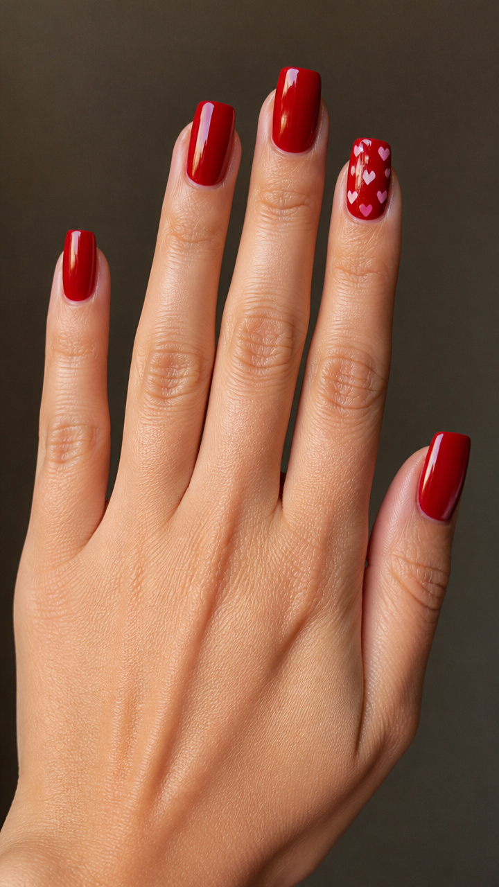 Cherry Red Square Nails with Tiny Hearts