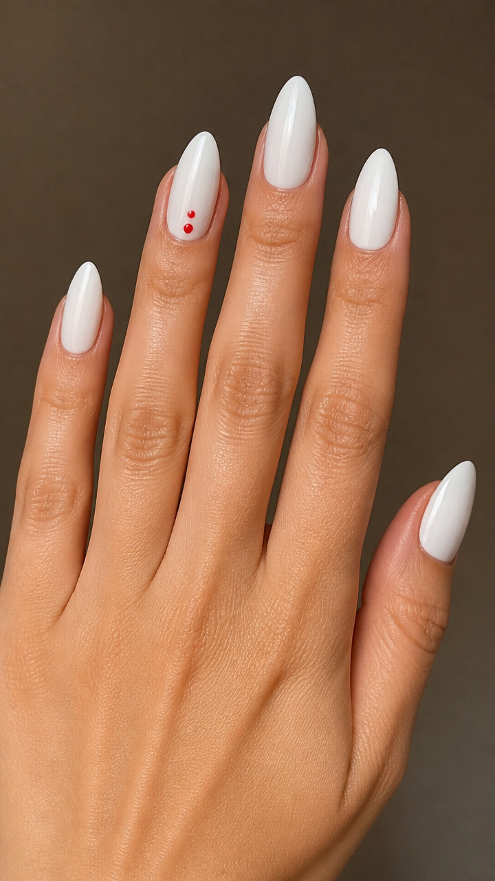 White Almond Nails with Red Dot Accents