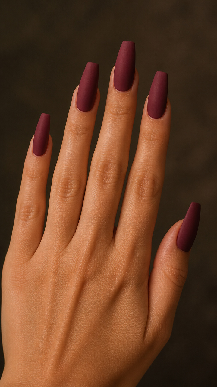 Deep Burgundy Coffin Nails with Matte Topcoat