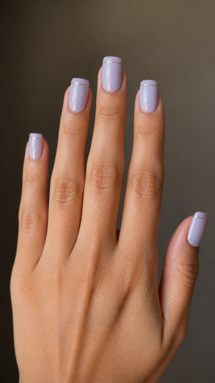 Pale Lavender Square Nails with Thin Gold Stripe