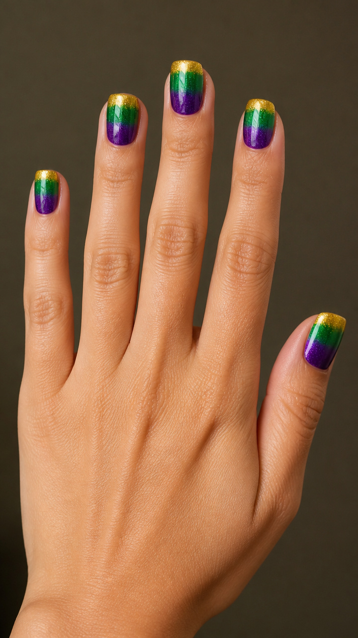 Mardi Gras Ombré Tips in Purple, Gold, and Green