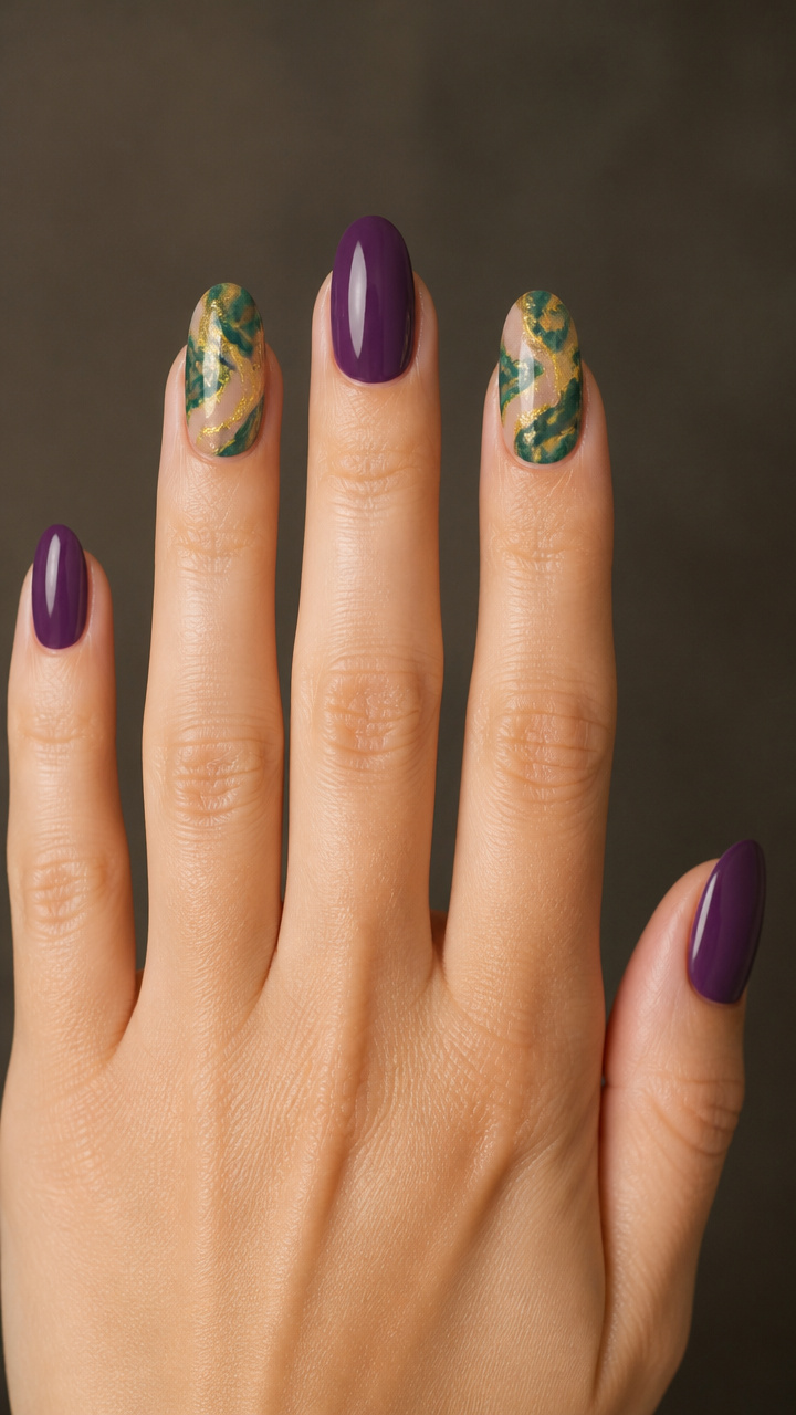 Green and Gold Marbled Accent Nails