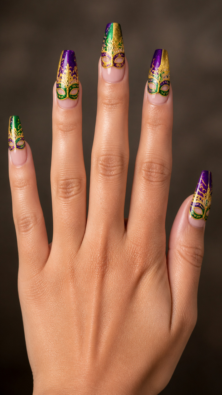 Coffin Nails with Mardi Gras Mask Decals