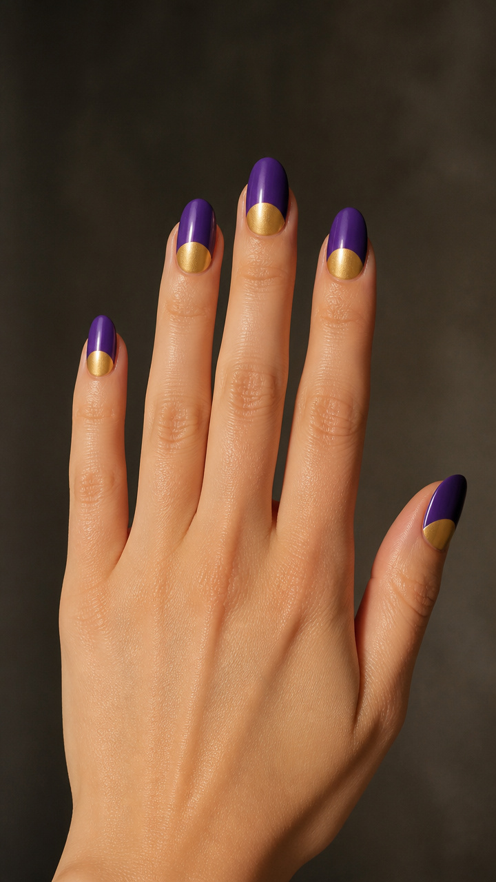 Golden Half-Moon Manicure with Purple Tips