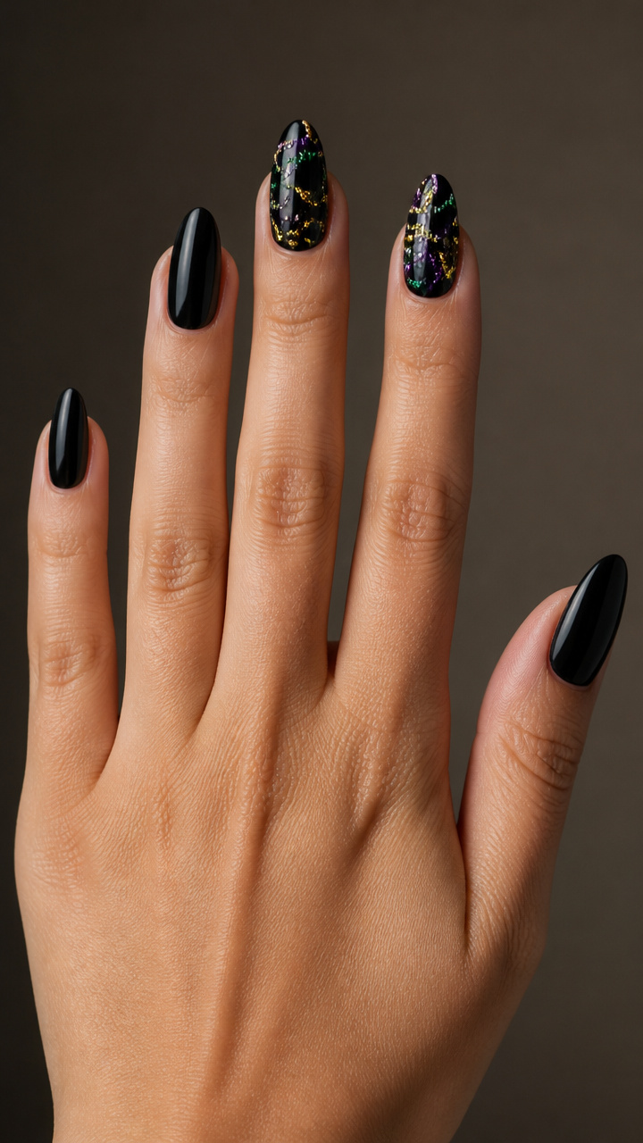 Black Base with Floating Mardi Gras Beads