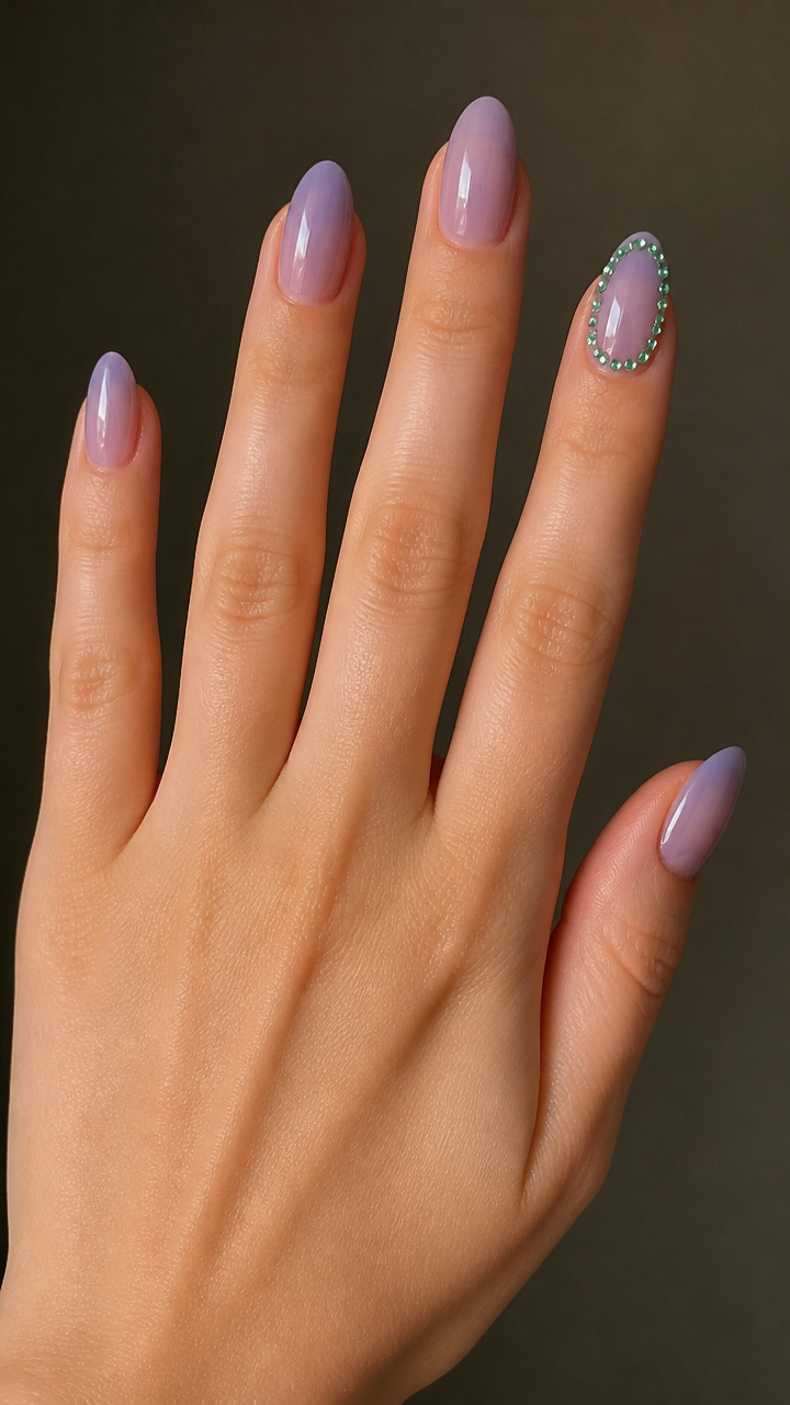 Sheer Lavender with Green Rhinestone Borders