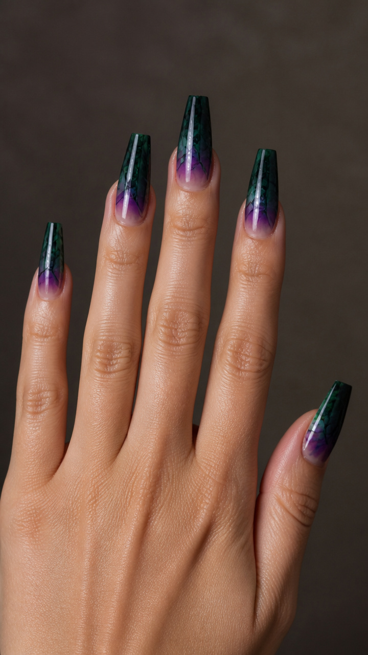 Deep Green Coffin Nails with Purple Ombre Cuticles