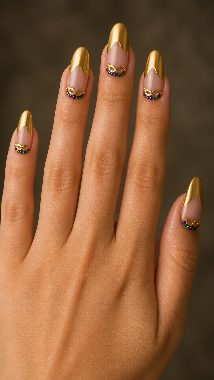 Gold-Dipped Tips with Mardi Gras Charm Accents