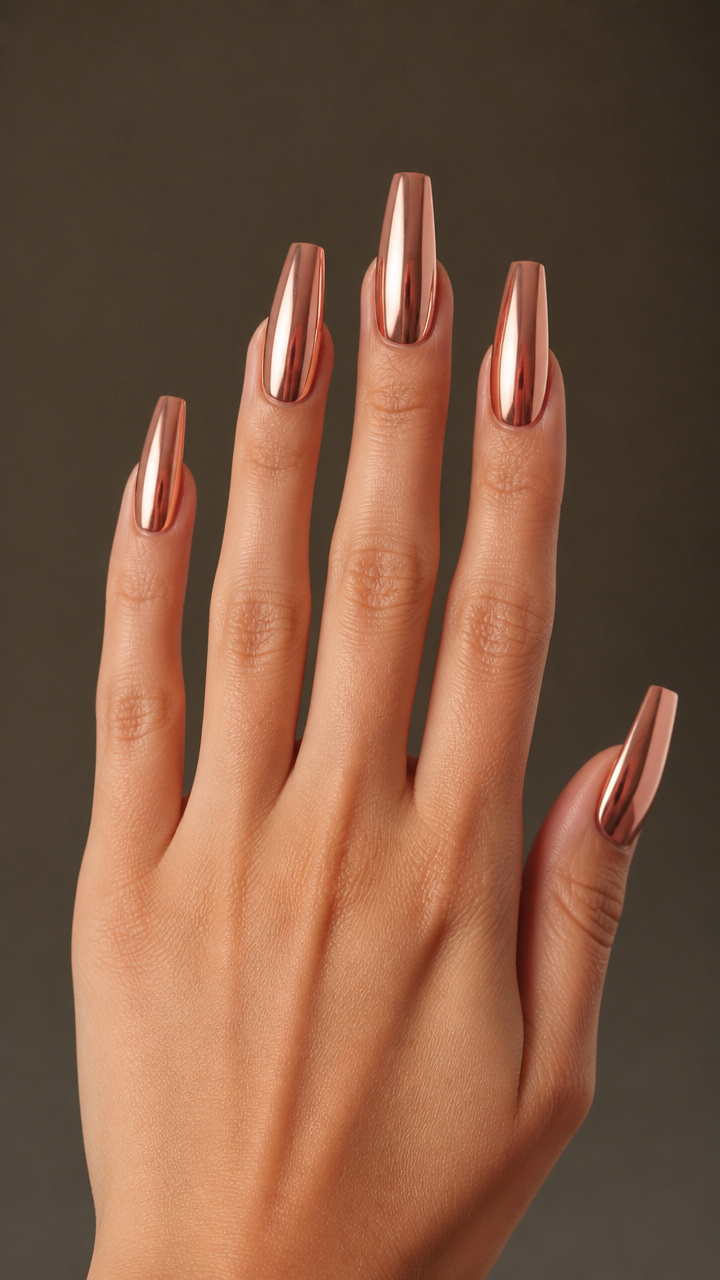 Rose Gold Chrome Coffin Nails