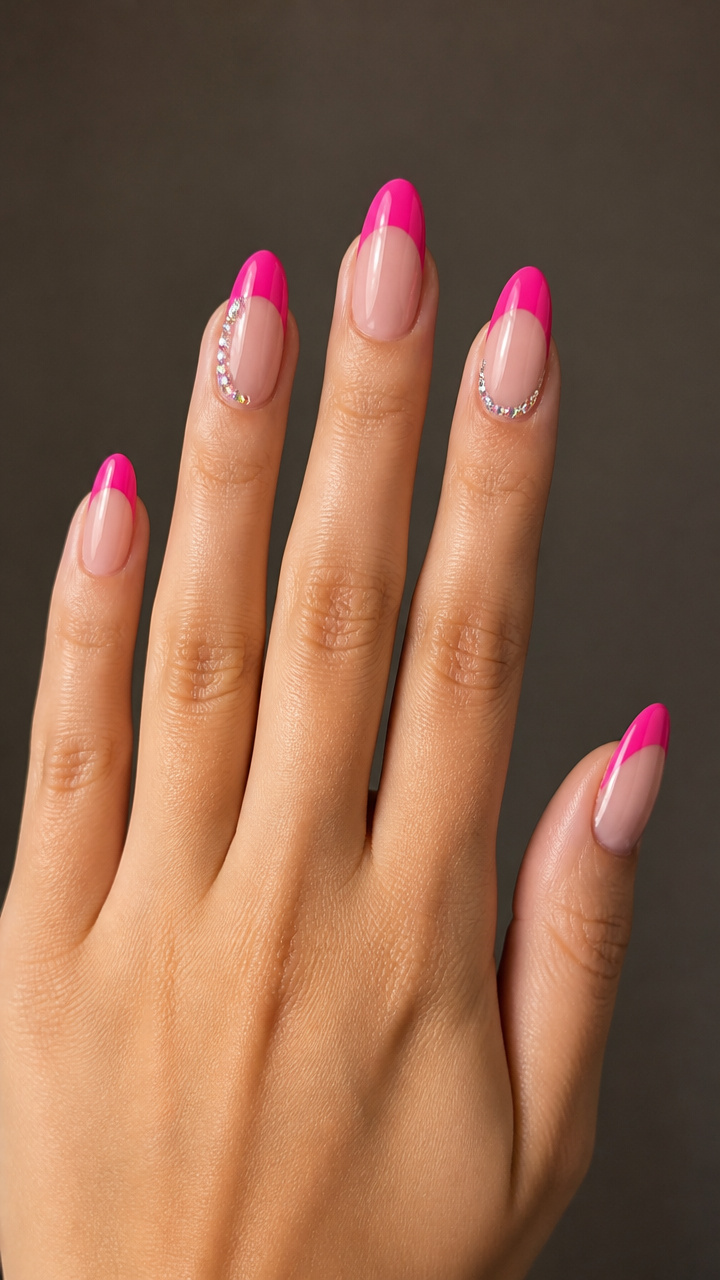 Hot Pink Tips with Rhinestone Accents