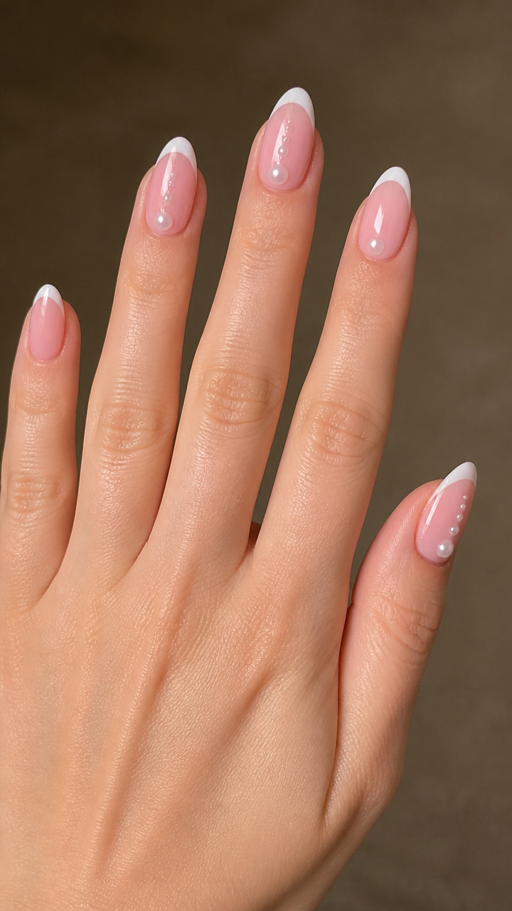 Pastel Pink French with Pearl Dots