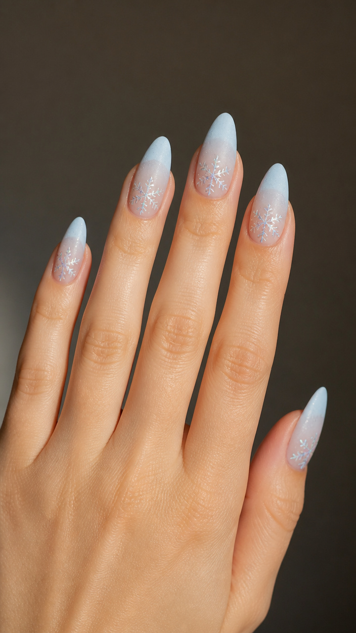 Matte Powder Blue Tips with Glitter Snowflakes