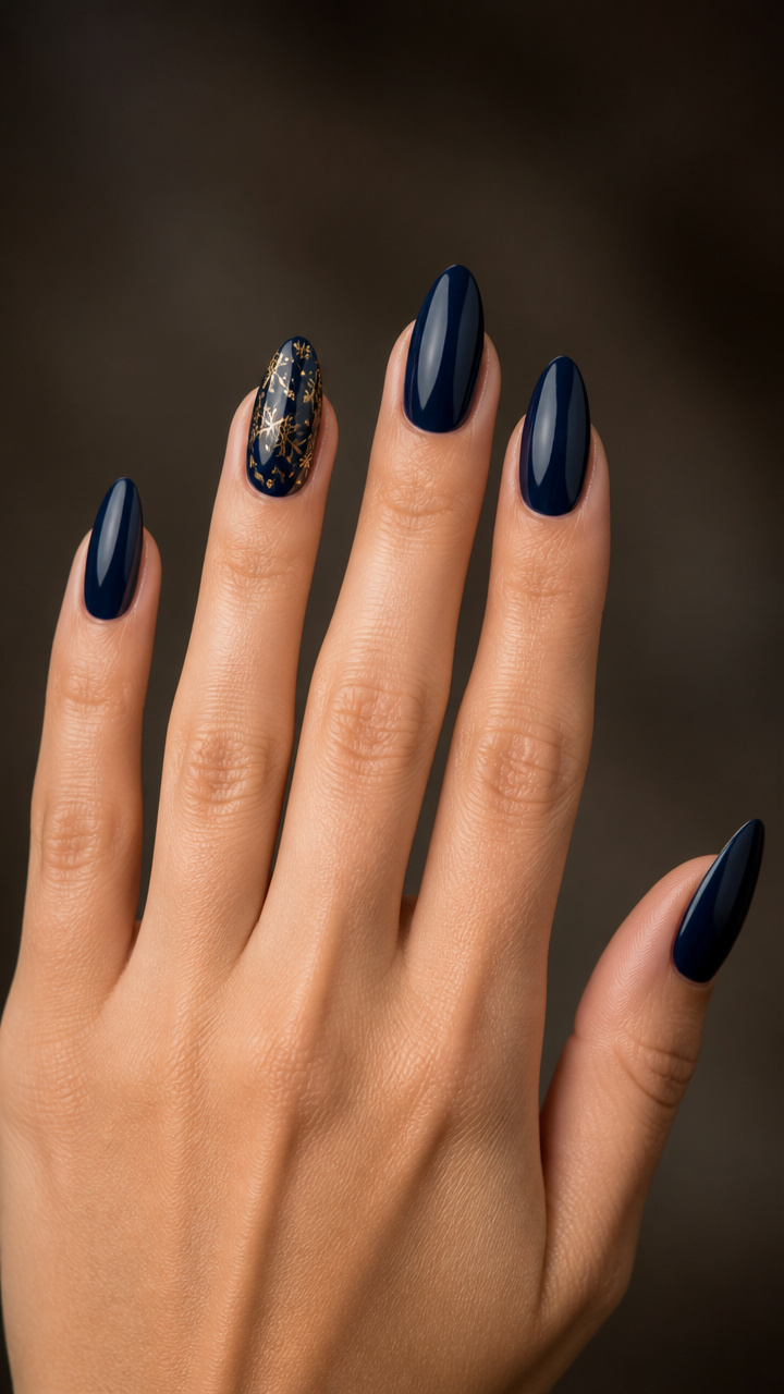 Deep Navy Almond Nails with Gold Snowflake Accents