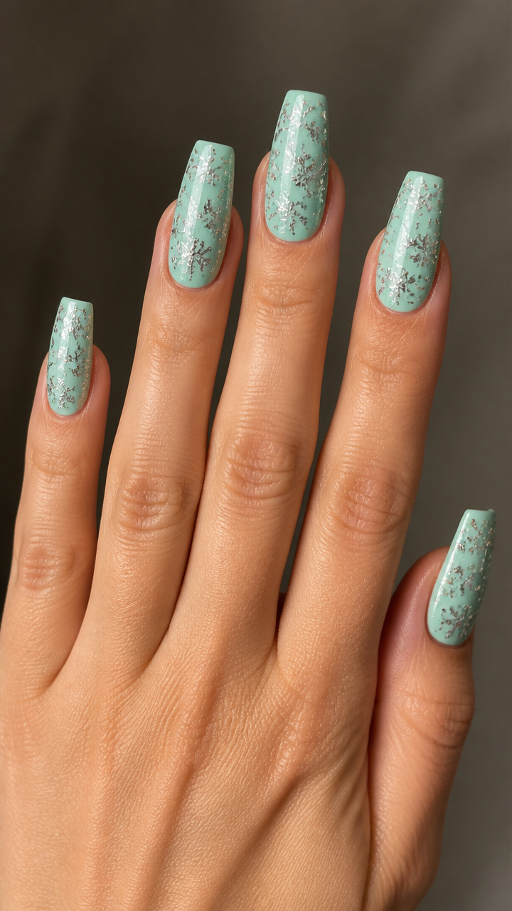 Pastel Mint Coffin Nails with Foil Flakes