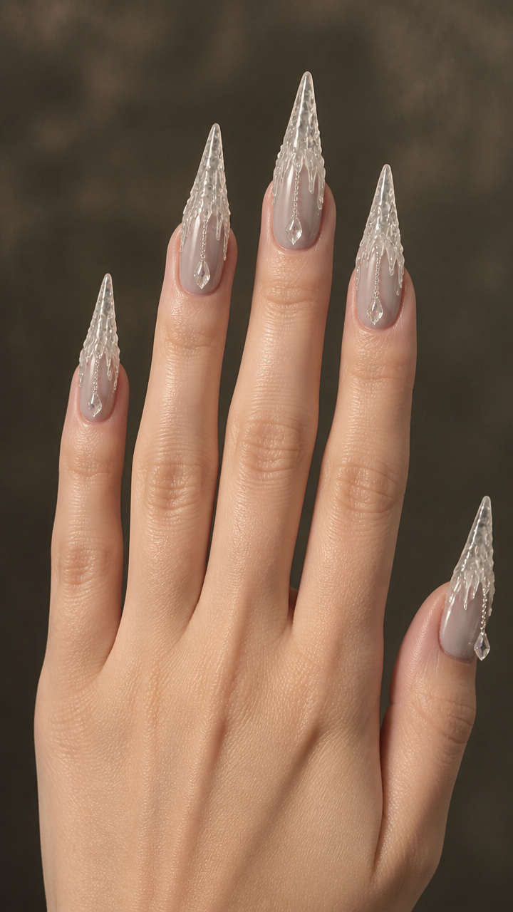 Translucent Icicle Tips with Hanging Crystals