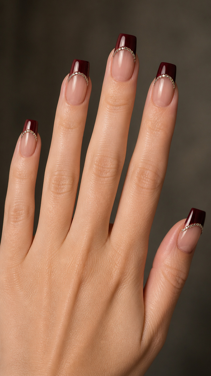 Deep Wine Tips with Rhinestone French Edge
